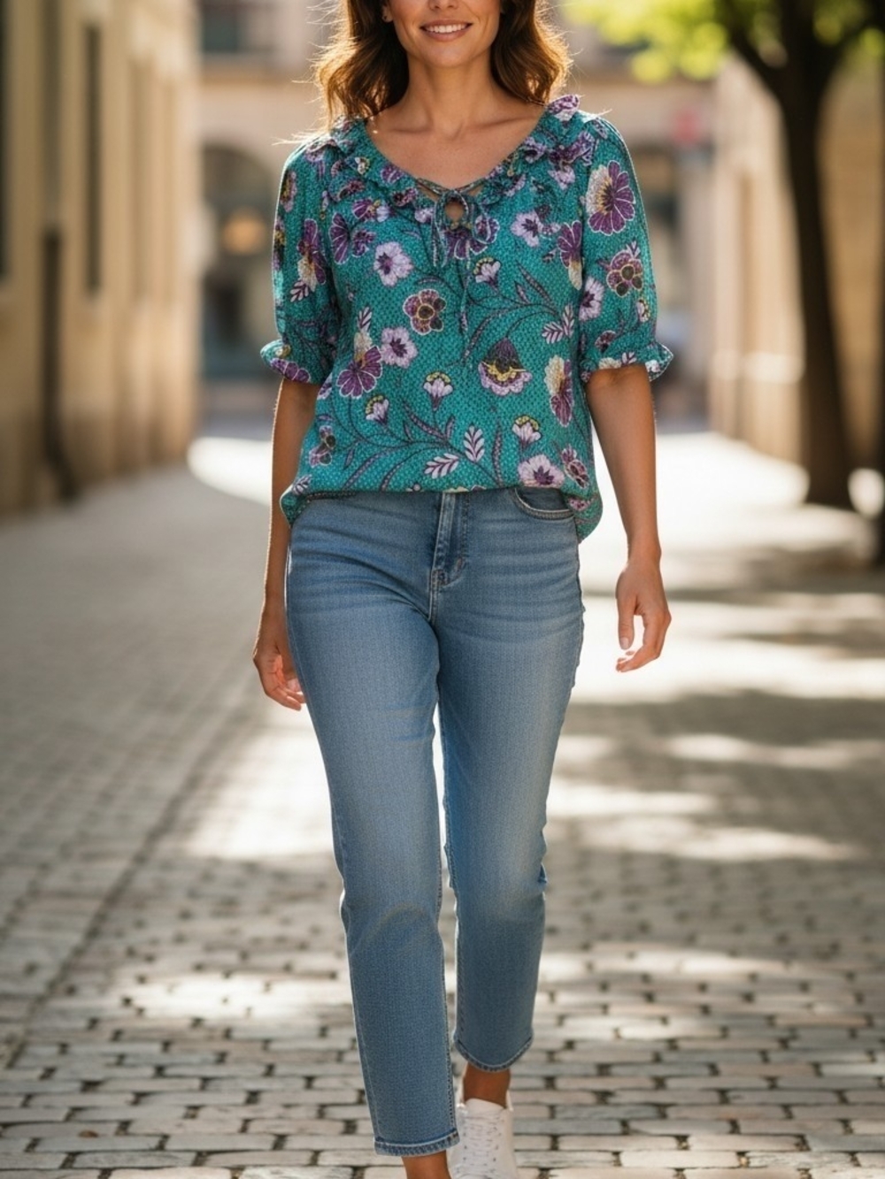 LOFT Teal W Floral Print Boho Blouse SZ XS
